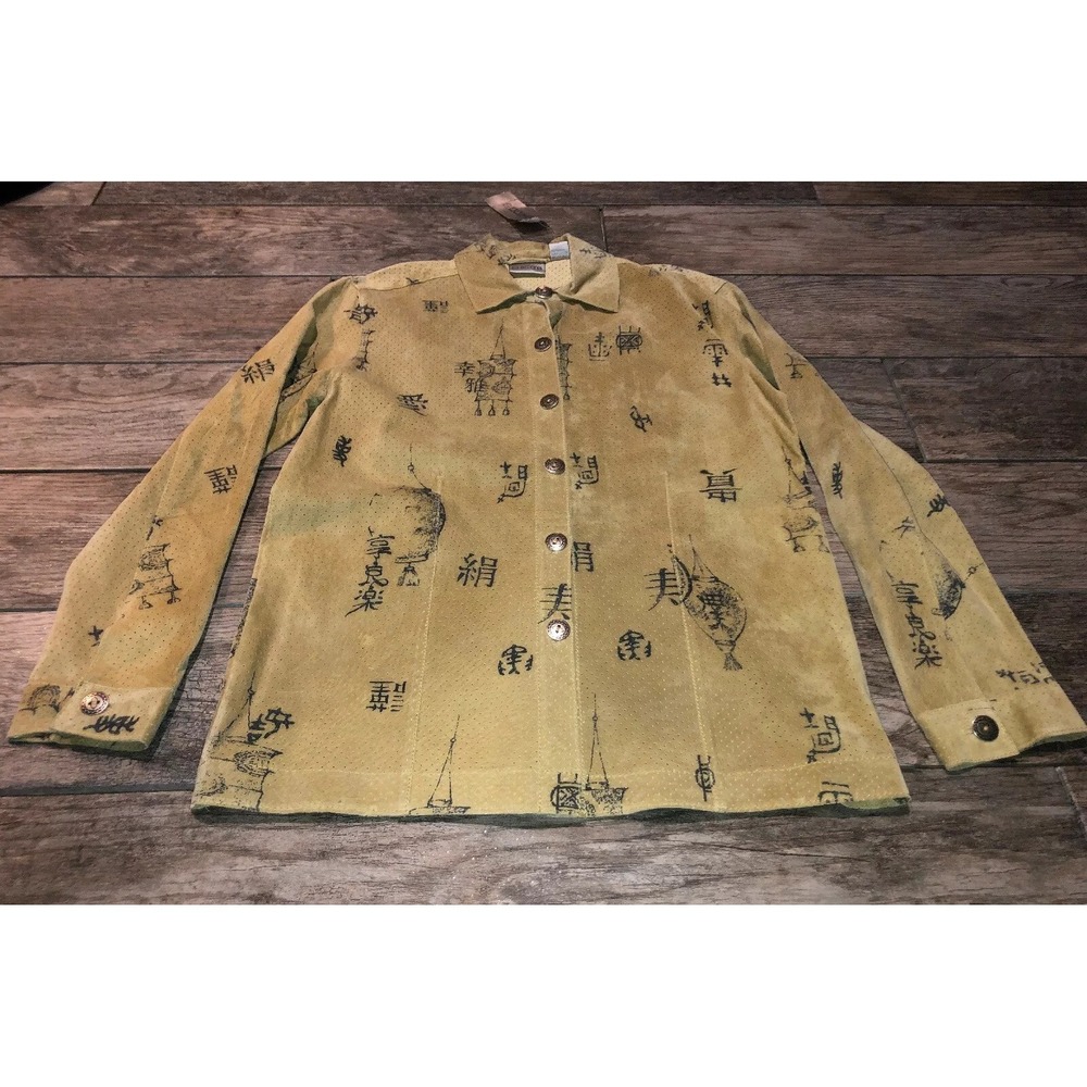 New Chico's Sz 0 Small Womens Beige Black Suede Leather Shirt Button Chinese‎
